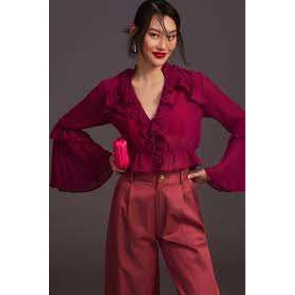Anthropologie Magenta Ruffle V-Neck Crop Blouse Bell Sleeve Purple Top Medium